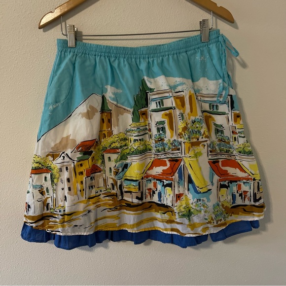 Garnet Hill Vacation Village Novelty Scene A-Line Skirt Blue Side Tie Cotton-M - Picture 1 of 8